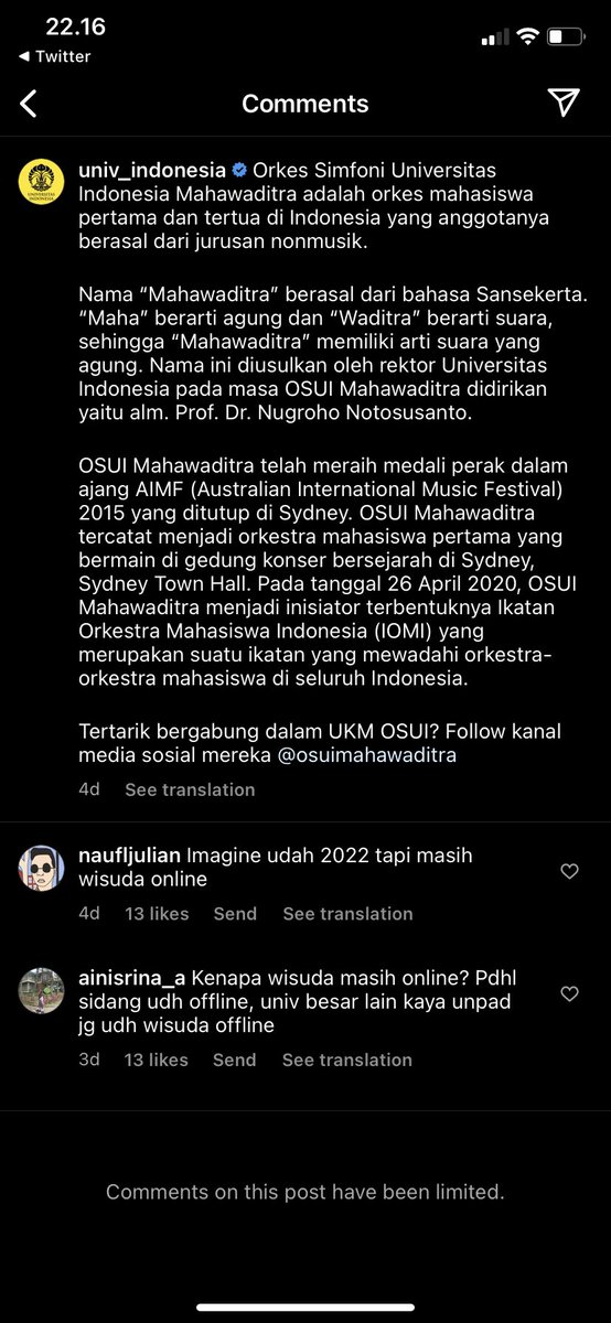 fauzanalrasyid's tweet photo. Anak-anak lapor katanya UI tutup kolom komentar di IG. Saya cek, saya masih bisa komentar. Saya coba cek pakai akun lain yang tidak mem-follow akun IG UI, ternyata memang tidak bisa komentar alias dibatasi. Kok begitu, ya @univ_indonesia? 😌 https://t.co/SM8TfL3Hau