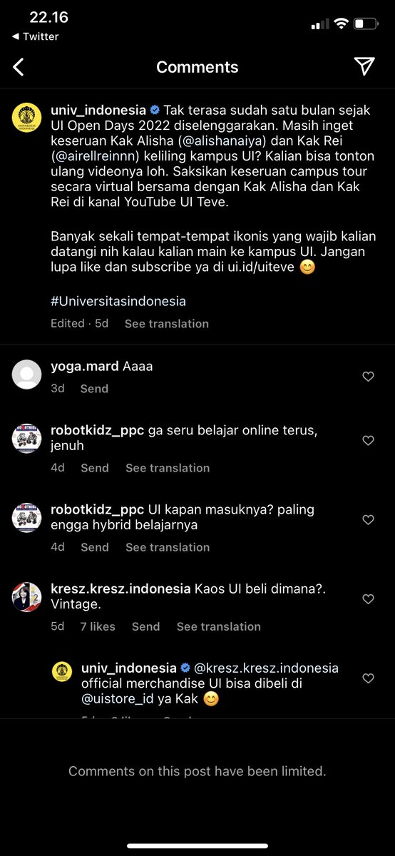fauzanalrasyid's tweet photo. Anak-anak lapor katanya UI tutup kolom komentar di IG. Saya cek, saya masih bisa komentar. Saya coba cek pakai akun lain yang tidak mem-follow akun IG UI, ternyata memang tidak bisa komentar alias dibatasi. Kok begitu, ya @univ_indonesia? 😌 https://t.co/SM8TfL3Hau