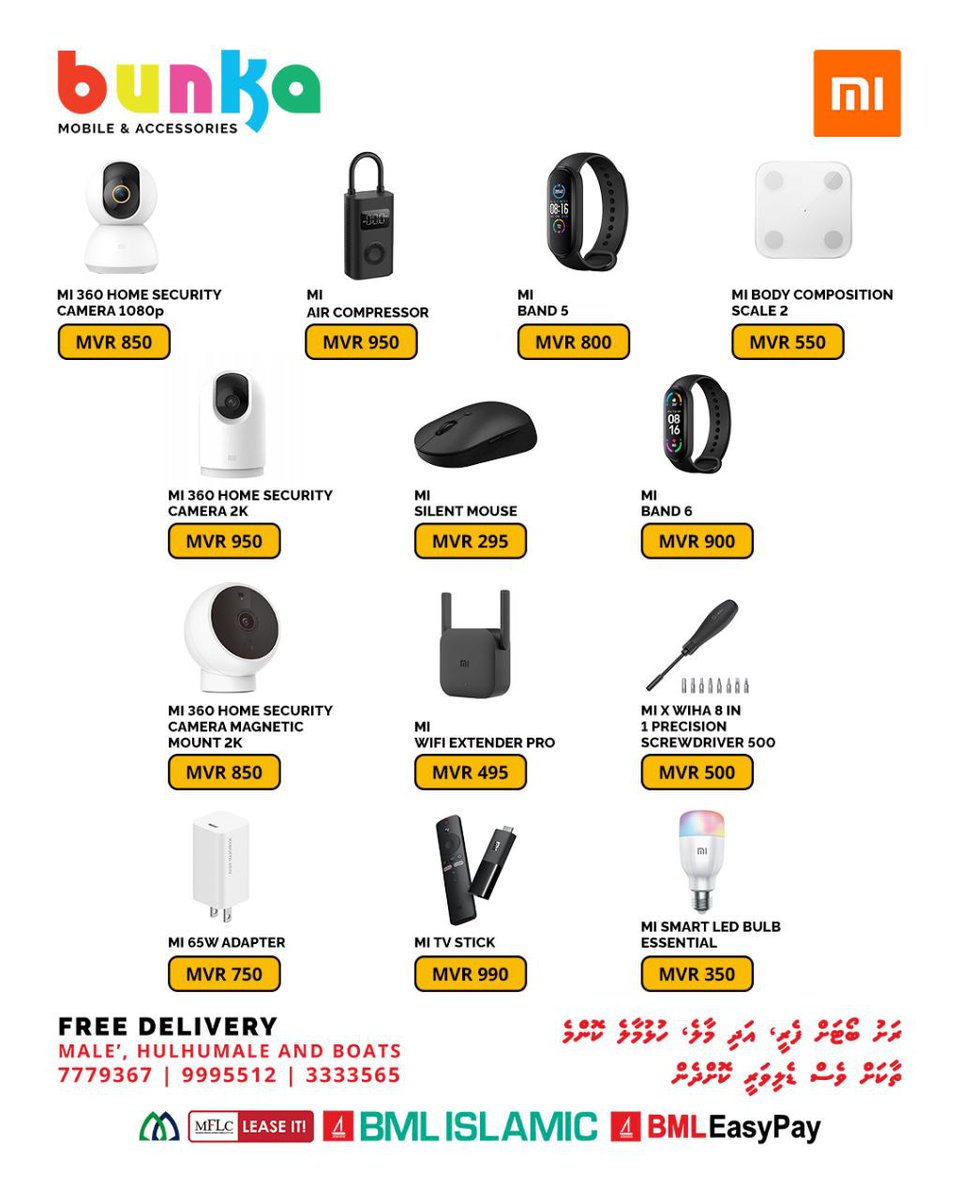 bunkamobiles's tweet photo. I wide range of Accessories, by XIAOMI. Find the best Solution for at the best price in the Market. NOW Available in all BUNKA Outlets. 

**𝙒𝙀 𝘿𝙀𝙇𝙄𝙑𝙀𝙍**
Free Delivery Male'/Hulhumale &amp; 
Rashu Boat 🚚. 

For more info or order Call Us: 
9994604, 7779367, 9995512, 3333565 https://t.co/SLy3paIhk3