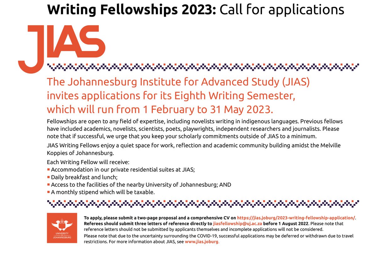 JIAS_UJ's tweet image. #JIAS 2023 Writing Fellowship

Important notice!

Tomorrow is the last day to apply for the JIAS 2023 Writing Fellowship.

Kindly click on the link below to apply:
jias.joburg/2023-writing-f…

Closing date: 1 August 2022 at 00:00 (SAST)