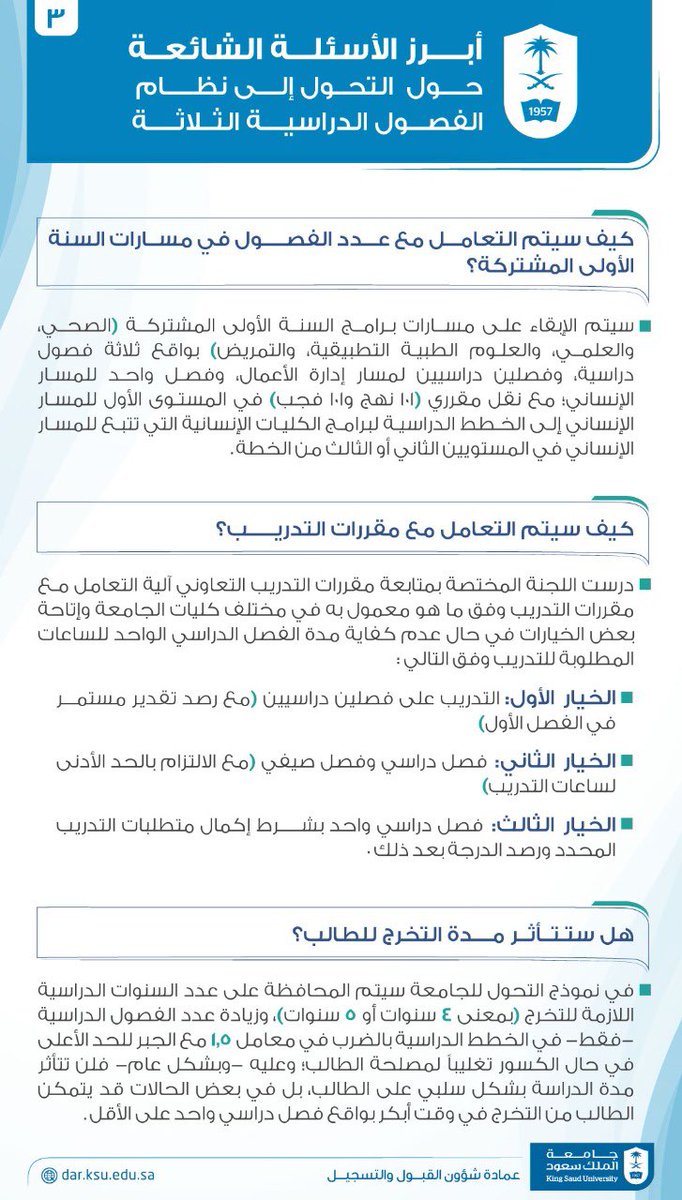 ksu_dar's tweet photo. يسعدنا في عمادة شؤون القبول والتسجيل أن نقدم لكم إجابات لأبرز الأسئلة الشائعة حول التحول إلى نظام الفصول الدراسية الثلاثة https://t.co/Ws84ua8PwF