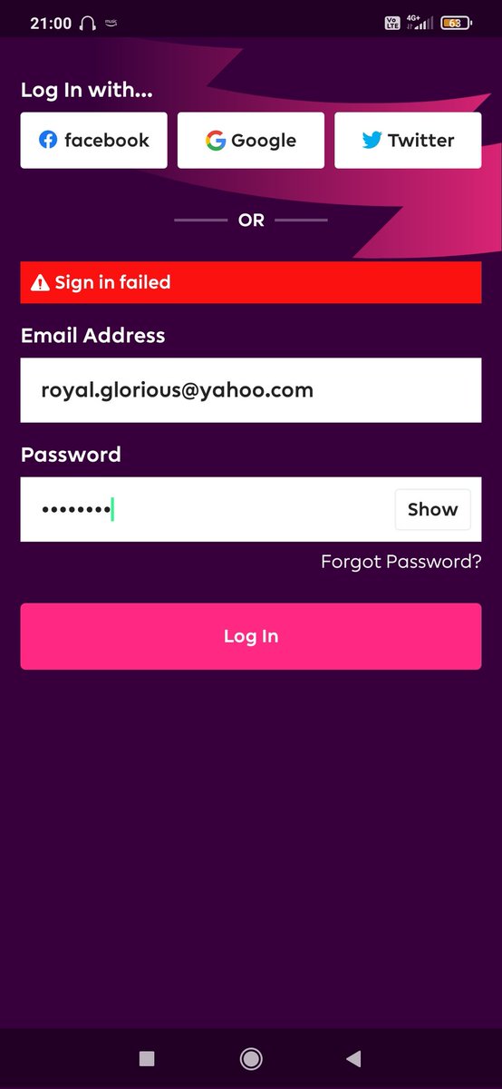 GloriousRoyal's tweet photo. @premierleague i cannot sign in to the PL app. It is showing sign in failed everytime. https://t.co/liLBvWFXfs