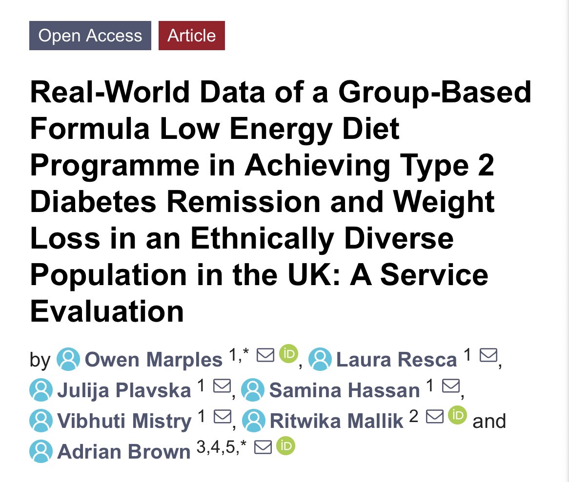 In a real-world setting, can a group #LED programme work in an ethnically diverse population? 

YES it can! 

~66% #T2DM remission, 11.6kg wt loss with 31.4% >15kg, 17.1% >20kg &amp; improvements in QoL.

Privileged to work w/ <a href="/RdMarples/">Owen Marples RD</a> &amp; other co-authors. 

mdpi.com/2072-6643/14/1…