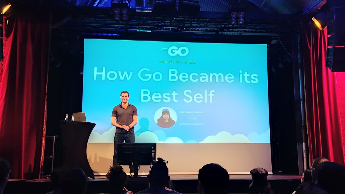 GuzmanTheGood's tweet photo. Time for the last talk at #gopherconEU. @cameronbalahan share with us some Go history, and how the language evolved this years. It's interesting see this from the eyes of a Product manager https://t.co/kP5aGoqRhs