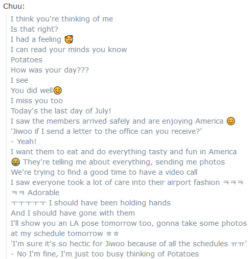 litell_johnn's tweet photo. Chat highlights: Chuu chats with the members (220731)

Text links:
https://t.co/Adc8iyDCrQ https://t.co/KbP2o77nkM