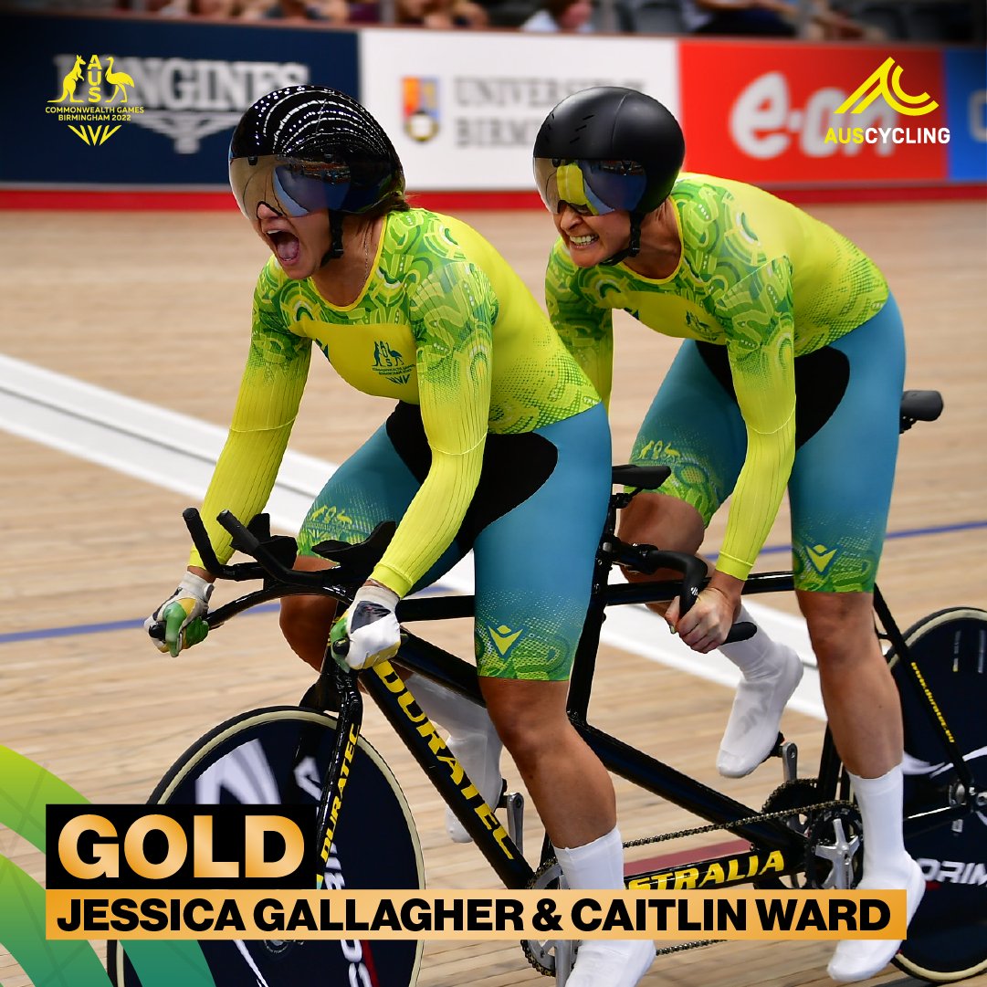AusCyclingTeam's tweet photo. Make that a double! 🤩🥇

@JessGallagher86 and pilot @CaitlinWard37 gave that kilo absolutely everything!

A special way to end our para-cycling campaign at @birminghamcg22.

@CommGamesAUS · @AusCyclingAus · #BoldInGold · #B2022 https://t.co/4PZMGIGyZN