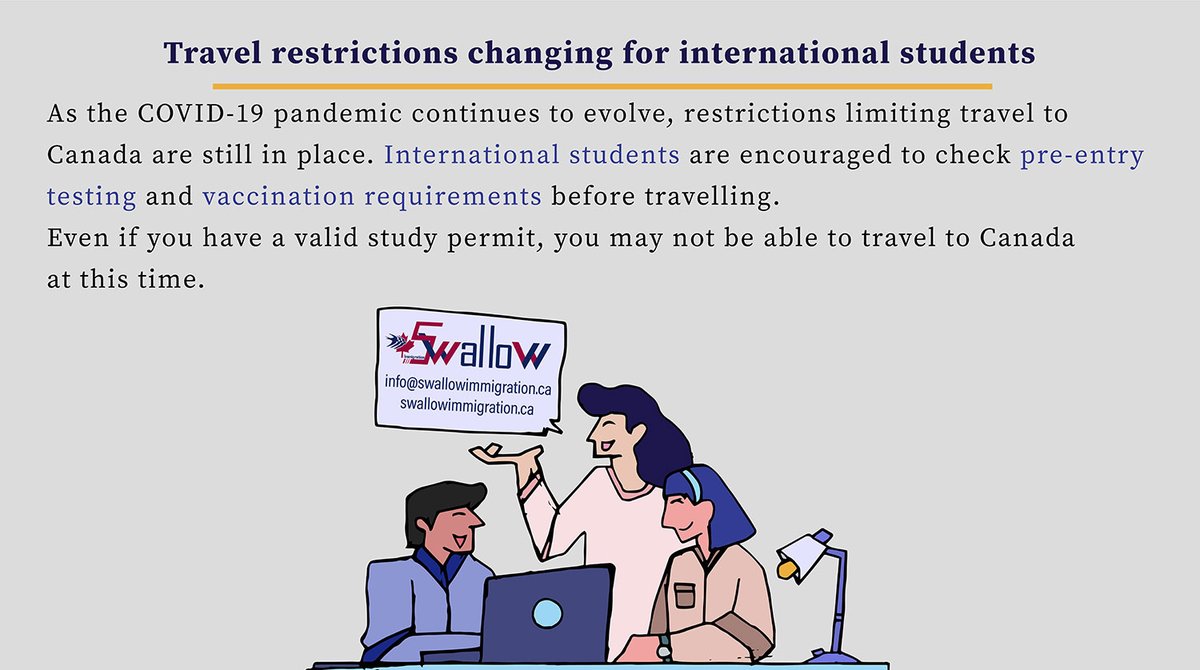 Travel restrictions changing for international students
Read More: swallowimmigration.ca/en/news
#education #study #college  #studypermit #student #visa #COVID19 #pandemic #internationalstudents #preentrytesting #studypermit #traveltocanada #travelling #vaccinationrequirements