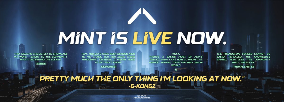 AviumWorld's tweet photo. MINT IS LIVE NOW.

► Only use official links.
► NEVER NEVER NEVER give your seed phrase to anyone. 

Read the contract, Avium will never ask for access to all.
https://t.co/kDCZAC7vpw

Happy minting, 
For /\ For All. https://t.co/PBKsXvj6YB