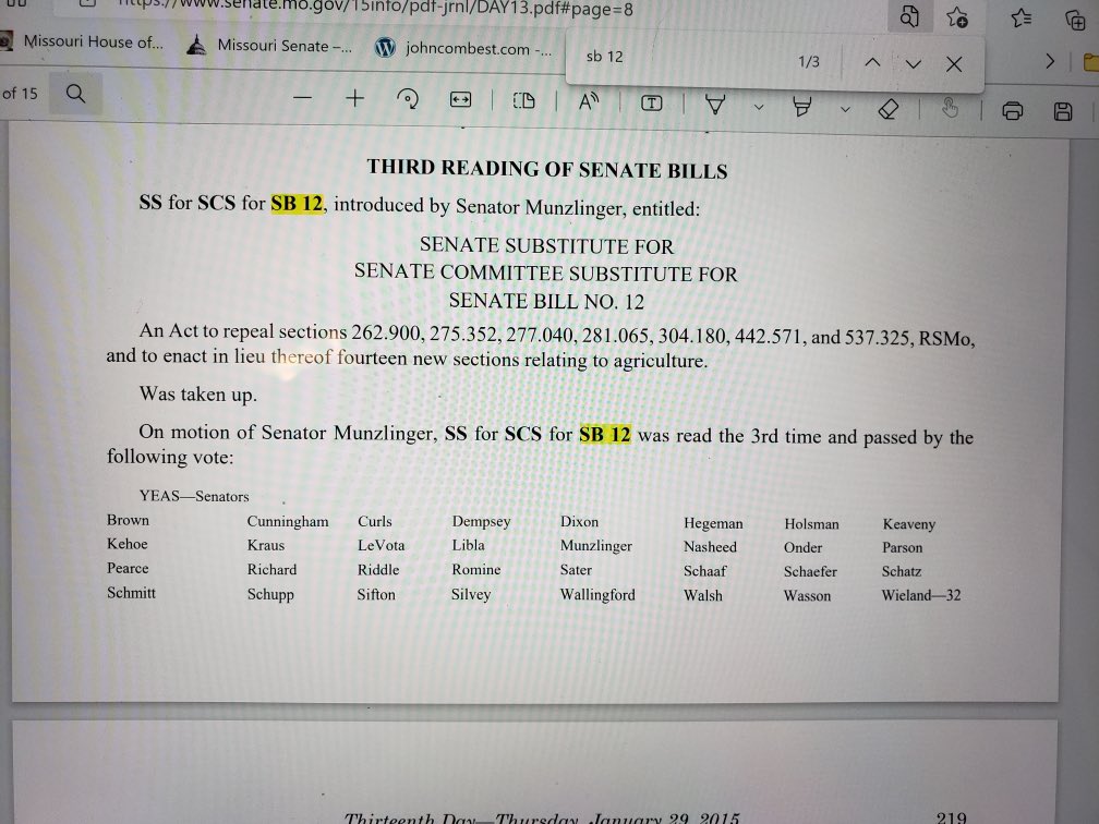 Dear No Show Nick Schroer, Senate Bill 12 in 2015 had nothing to do with Chinese land purchases.  Even Sen. Bob Onder voted in favor of SB12!  #factcheck #moleg #mocattle.org