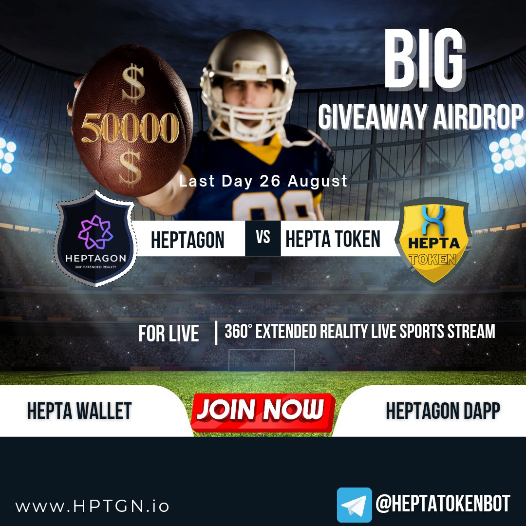 FREE 2D, 3D AND 360 DEGREE EXTENDED REALITY LIVE SPORTS STREAM ON DECENTRALIZED DAPP OPPORTUNITY GIVEAWAY
💥50.000 DOLAR💥
👉 Giveaway BOT : t.me/HeptaTokenBot
👉 Website : HPTGN.io
It Is Your Turn for SKORLIVE