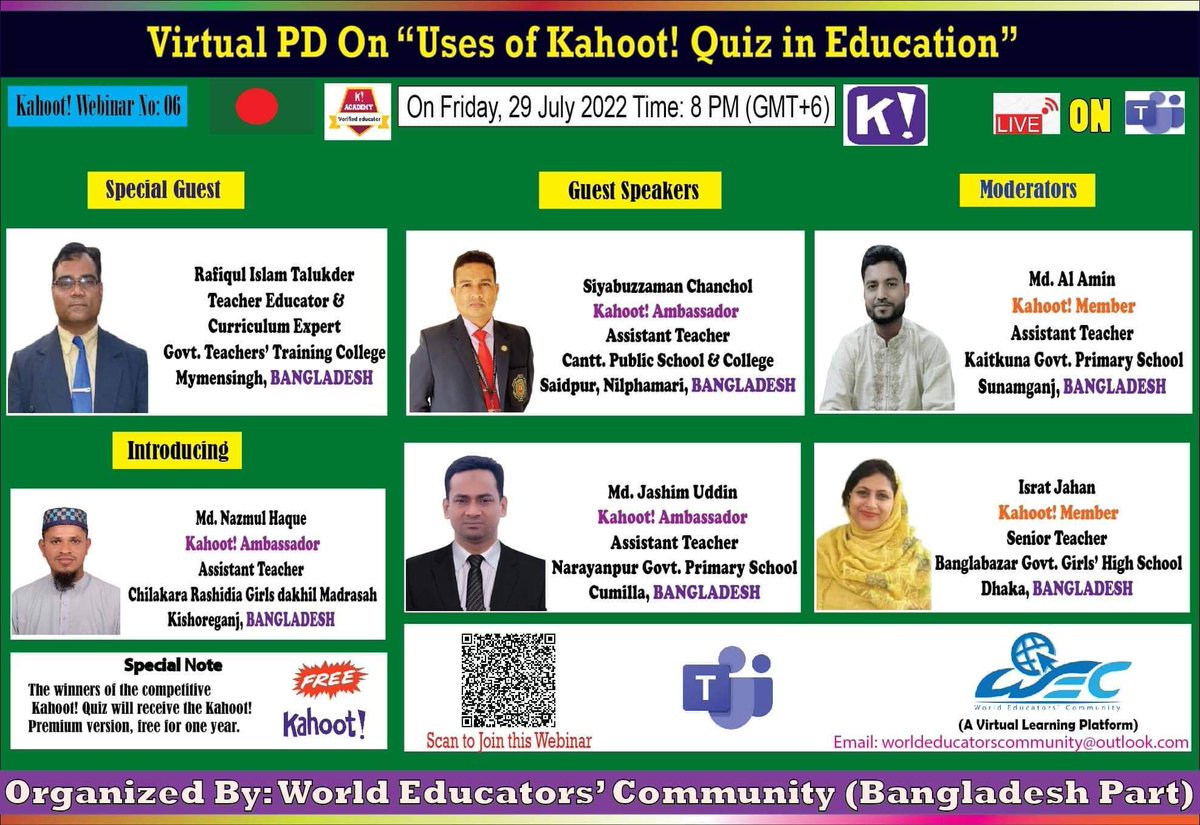 🚀 "শিক্ষায় কাহুট কুইজ (Kahoot! Quiz) এর ব্যবহার বিষয়ক ভার্চুয়াল  ওয়ার্কশপ"

 📆তারিখঃ ২৯ জুলাই ২০২২ইং রোজ শুক্রবার
 
🕗সময়ঃ রাত ৮ ঘটিকা

 📌মিটিং লিংকঃ 
teams.microsoft.com/l/meetup-join/…

 🌍আয়োজনেঃ ওয়ার্ল্ড এডুকেটরস' কমিউনিটি (বাংলাদেশ অংশ) <a href="/asalam468/">Abdus Salam</a> <a href="/nazmulhaque5921/">nazmulhaque592</a> <a href="/Chanchol141/">Md.Siyabuzzaman Chanchol🇧🇩</a>