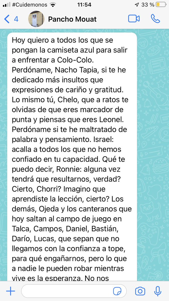 jpbelair's tweet photo. Me llega este mensaje del querido Pancho #Mouat y lo reenvío a mi grupo de Azules. Aquí estamos #bulla mi buen amigo con la esperanza a tope! @udechile https://t.co/OB88WLjNnx