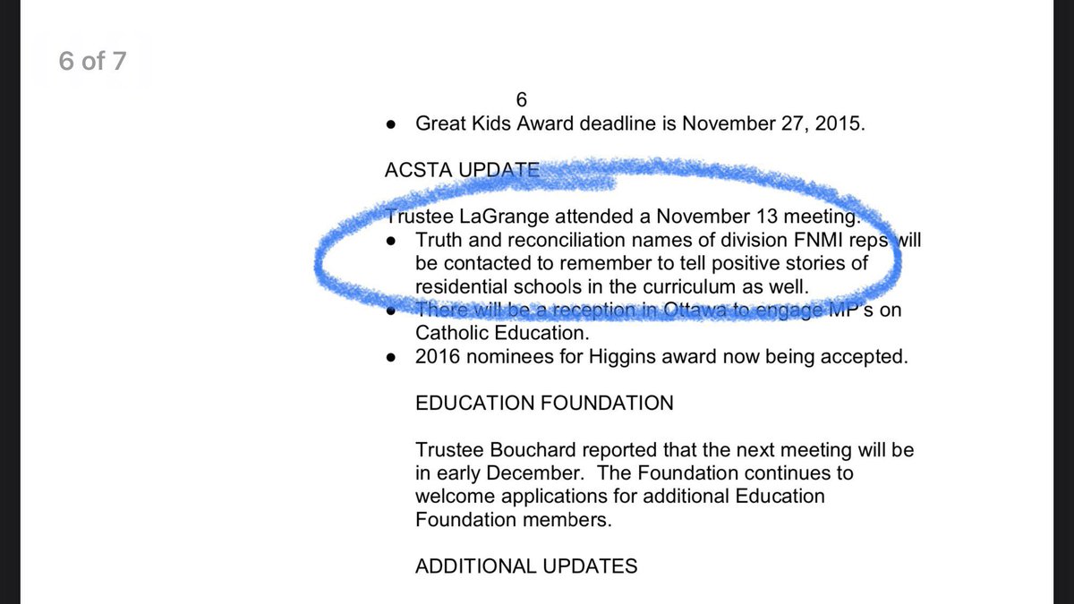 Even the Pope admits residential schools committed genocide, but as recently as 2015 Alberta’s Education Minister, @AdrianaLaGrange, then a school board trustee, was instructing school staff to “tell positive stories” about them. #abed #ableg #cdnpoli #PopeInCanada #papalvisit