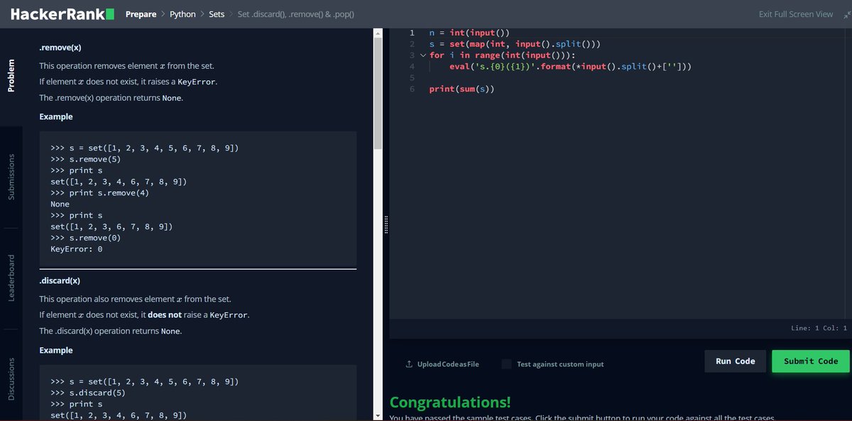 jibo_mathew's tweet image. Day 48⚡️ of #100DaysOfCode
- Set .discard(), .remove() & .pop() :)
@hackerrank
#Python #progarmming #Coding