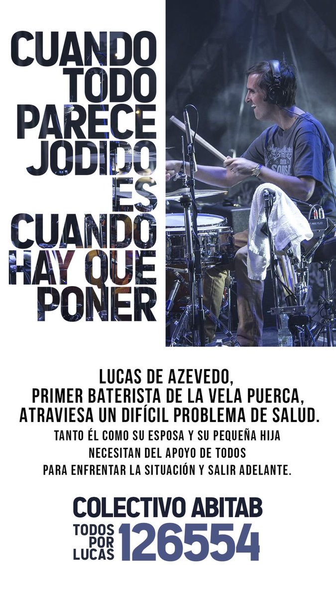 ❤️‍🩹
Luces De Azevedo, primer baterista de <a href="/LaVela_Oficial/">La Vela Puerca</a> atraviesa un problema de salud. 
Necesitan del apoyo de todos para atravesar este momento y salir adelante.
Quienes puedan y quieran colaborar, está el colectivo <a href="/AbitabOficial/">Abitab Oficial</a>
TODOS POR LUCAS 126554
(sigue)
