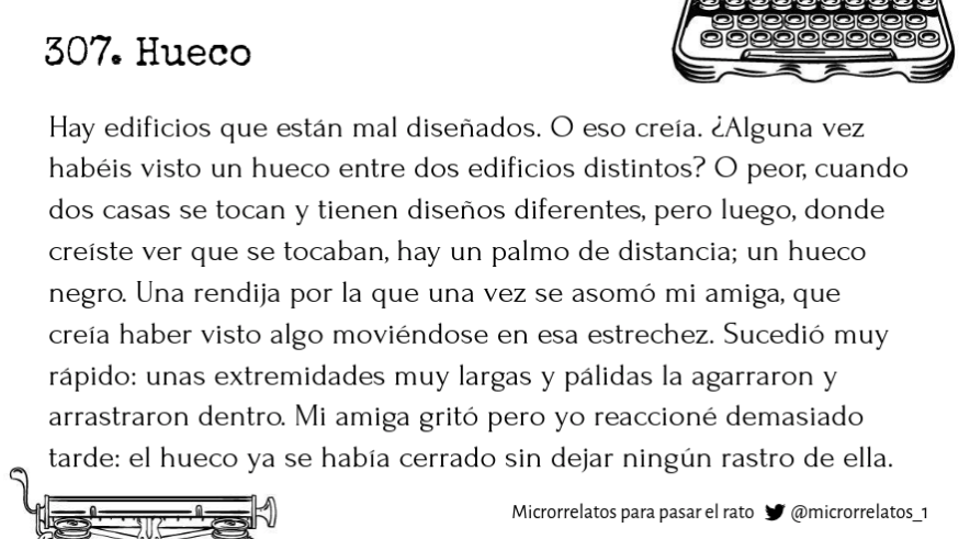 microrrelatos_1's tweet photo. 307. Hueco 📖 #microrrelato
#agosto #relato #literatura #ficcion #microcuento #leer #lectura #cuento #twitteratura #relatocorto #terror #miedo #relatoterror https://t.co/zakVhzhrx7