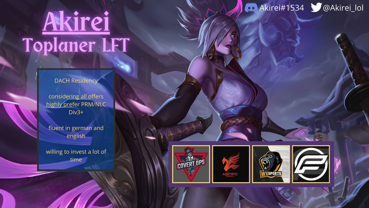 Akirei (@akirei_lol) on Twitter photo After my split with <a href="/CovertOpsGG/">Covert Ops</a>. I´m going LFT as a toplaner
dms are open for any infos/references
like + rt = <3 After my split with <a href="/CovertOpsGG/">Covert Ops</a>. I´m going LFT as a toplaner
dms are open for any infos/references
like + rt = <3