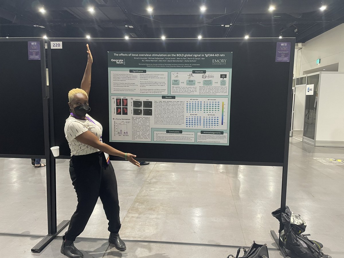 We out here at #AAIC22! 🧠 Come see me at my poster (P1-220) between 12:30 - 2:15 pm to learn about locus coeruleus effects on the BOLD global signal in Alzheimer’s! #BlackInNeuro