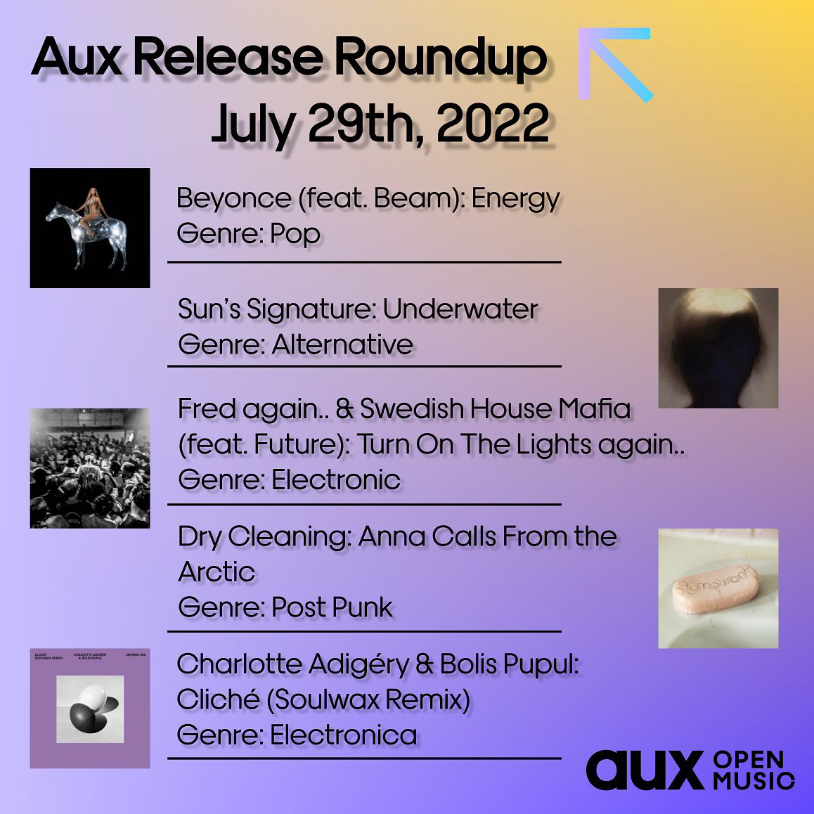 auxdotapp's tweet photo. 🎤 We've rounded up some of our favorite releases of the week ⬇️

It’s all about summer grooves this week with the release of Beyoncé’s long awaited album. The weeks releases include electronic bangers, exciting jazz and smooth alternative cuts. #NewMusic #NewMusicFriday https://t.co/VsiJyxeFNw