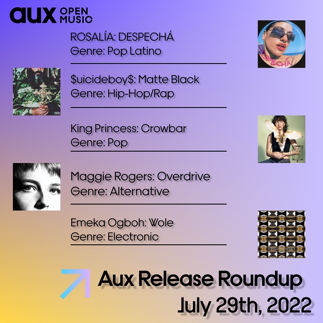 auxdotapp's tweet photo. 🎤 We've rounded up some of our favorite releases of the week ⬇️

It’s all about summer grooves this week with the release of Beyoncé’s long awaited album. The weeks releases include electronic bangers, exciting jazz and smooth alternative cuts. #NewMusic #NewMusicFriday https://t.co/VsiJyxeFNw