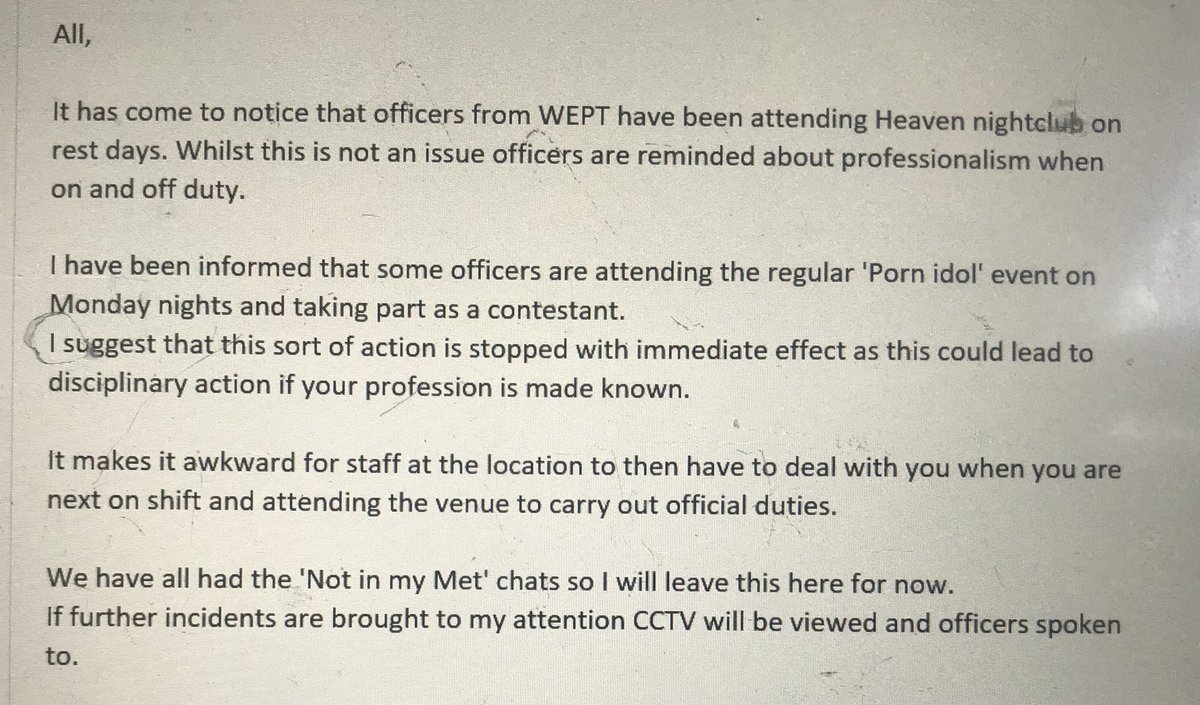 DrRebeccaTidy's tweet photo. I’ve just noticed that I’d cropped the best bits of the email.

#notinmymet #notinmyforce #policereform #drugreform #heavennightclub #london https://t.co/XKj3tS682A
