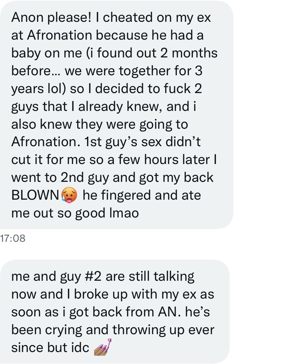 SORRY on X: I cheated on him at Afronation with two different men. One  right after the other. t.coIO1boopFDS  X