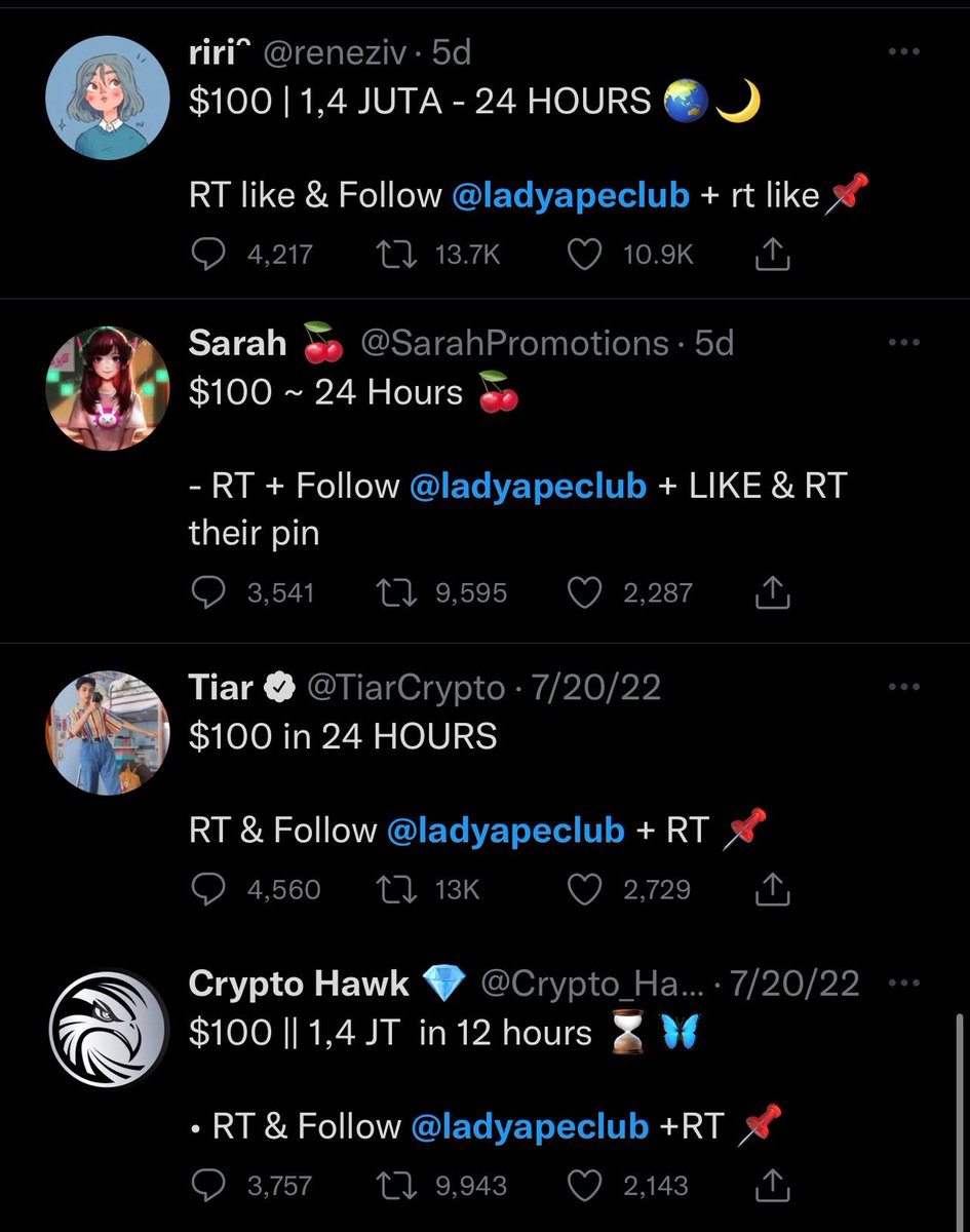 zachxbt's tweet photo. Funny to watch this NFT scam @ladyapeclub by @tnc_it_group wash trade its way to the top of the daily and weekly OpenSea rankings. 

Team funded a bunch of fresh wallets to buy their own NFTs and also bought fake engagement on Twitter. https://t.co/pblCS2n4MJ