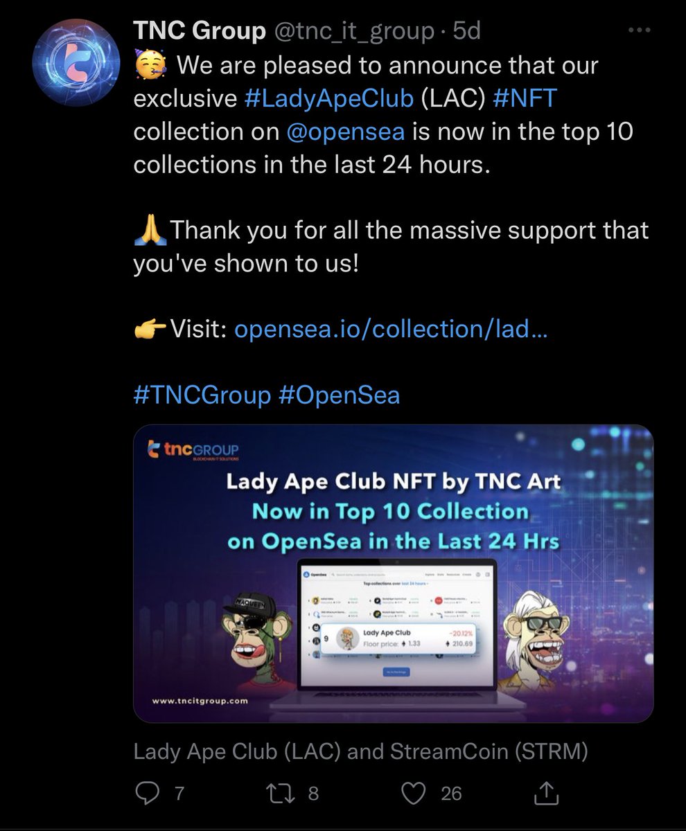 zachxbt's tweet photo. Funny to watch this NFT scam @ladyapeclub by @tnc_it_group wash trade its way to the top of the daily and weekly OpenSea rankings. 

Team funded a bunch of fresh wallets to buy their own NFTs and also bought fake engagement on Twitter. https://t.co/pblCS2n4MJ
