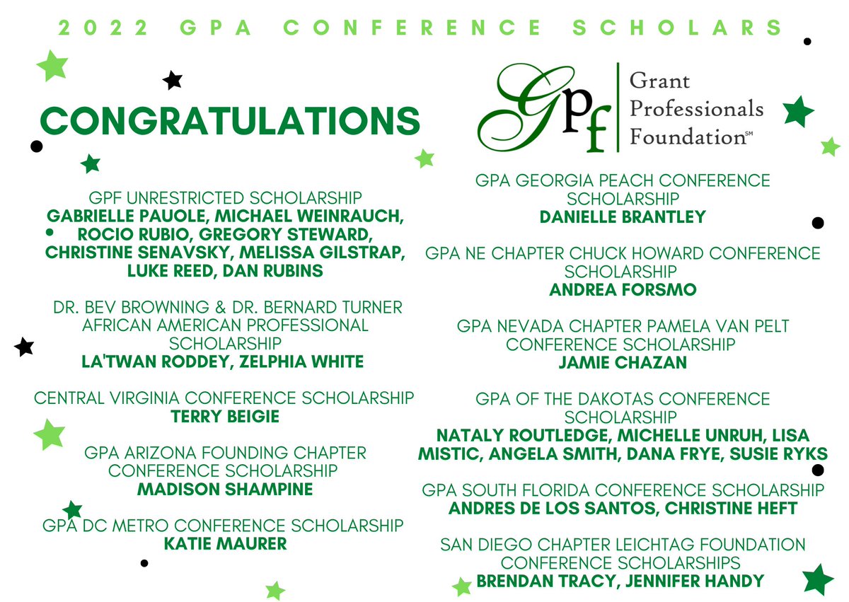 GrantProFDN's tweet photo. Congratulations to the 2022 GPA Conference Scholarship Recipients! Thank you to everyone who took the time to apply. All but one are first-time attendees; representation is from both male and female, rural and diverse applicants!
#GPACONF2022 #GrantPro #Nonprofit #Fundraiser https://t.co/jJxF88QsI0