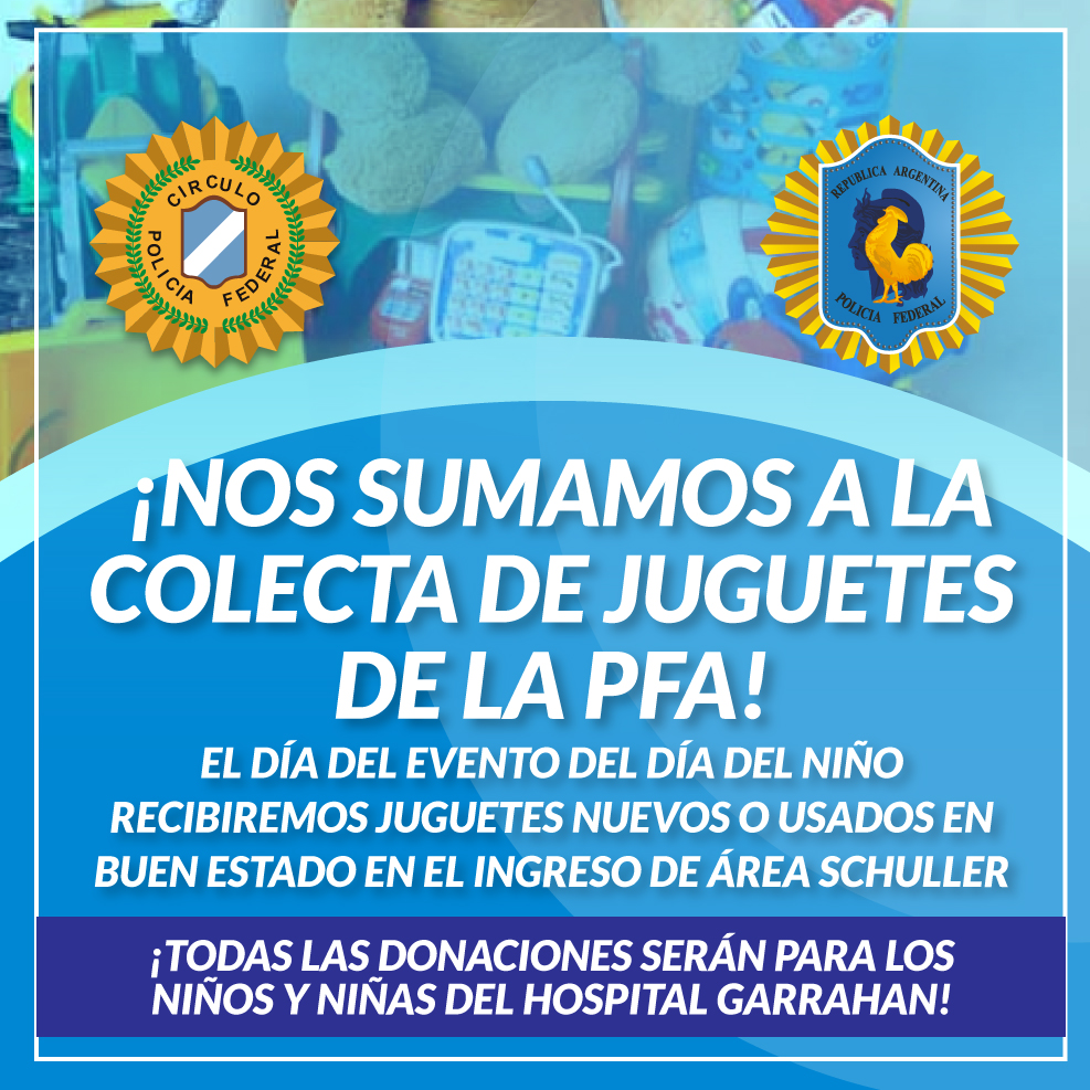 #ÁreaSchuller │ 🧸⚽¡Nos sumamos a la colecta de juguetes de la <a href="/PFAOficial/">Policía Federal Argentina</a>! Una campaña solidaria para llevarle una sonrisa a quienes más lo necesitan. ¡No te pierdas la posibilidad de ayudar! Vas a poder traerlos el domingo 21 de agosto desde las 9hs. durante nuestro evento.