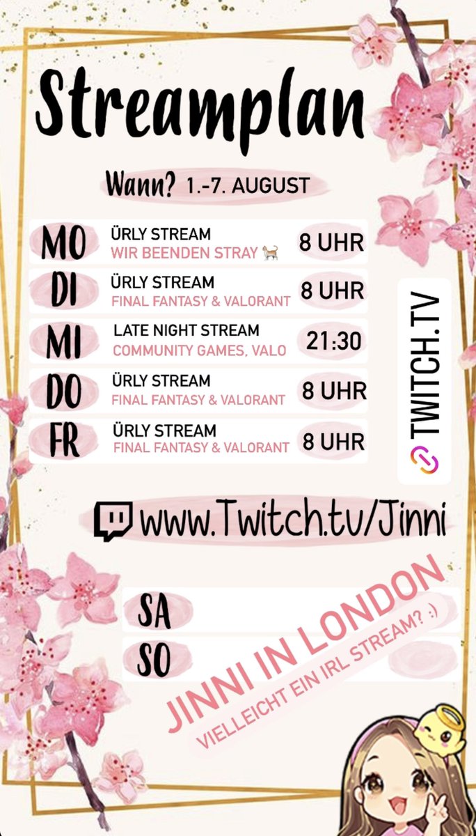 Ich glaub’s selber nicht, aber hier ist der Stream Plan für die kommenden Tage 😅

Nächstes Wochenende bin ich in London. Weiß noch nicht wie lange, aber vielleicht machen wir einen kleinen IRL Stream. Mal sehen ☺️

Morgen spielen wir #Stray zu Ende 🐈