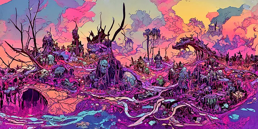 Just another vibrant landscape b-batch from #LandOf100Myths secondary off testing. I should probably do a series with these...

❔ - Should I do something with these and make them their own thing?

#aiart #aiartwork #aiartcommunity #DiscoDiffusion #map #maps #artmap #artmaps