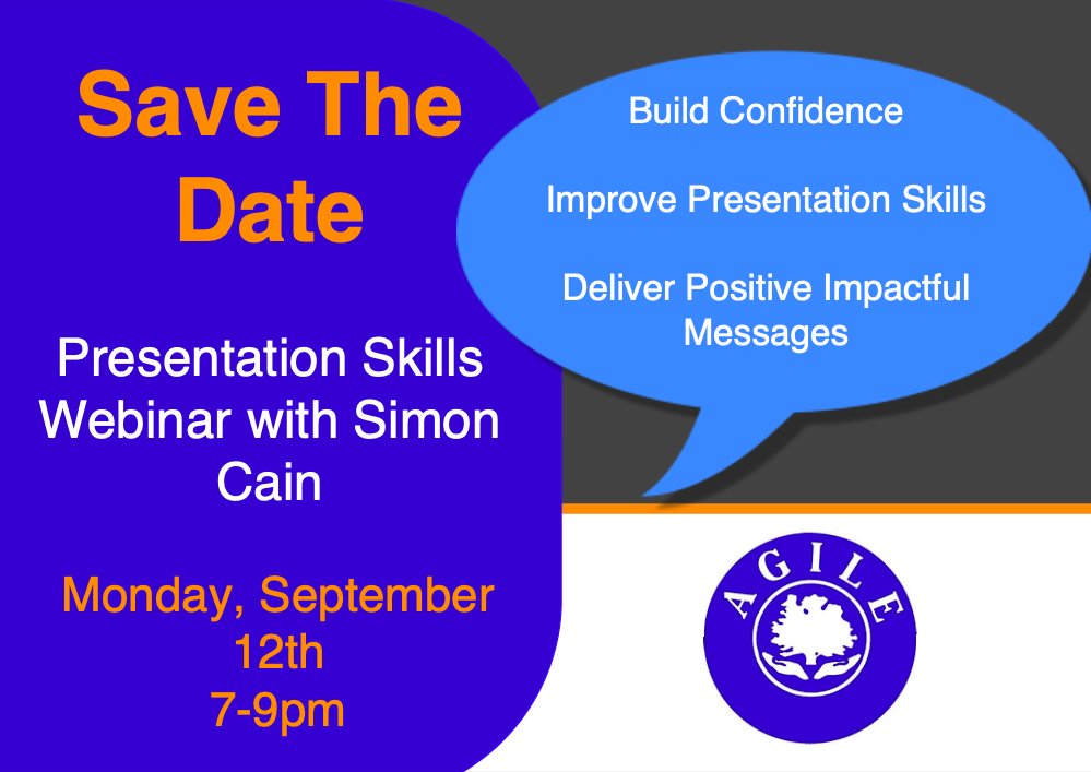 AGILECSP's tweet photo. 📅SAVE THE DATE📅
Add September 12th in your calendars for a motivating @AGILECSP webinar with guest speaker, Simon Cain.
More details to follow this week!
#presentationskills #buildconfidence #publicspeaking #AGILECSP https://t.co/R43sSdnH3b