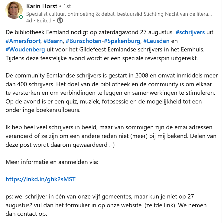 Meer informatie en aanmelden via: lnkd.in/ghk2sMST

#schrijvers #amersfoort #baarn #bunschoten #spakenburg #leusden #woudenberg
