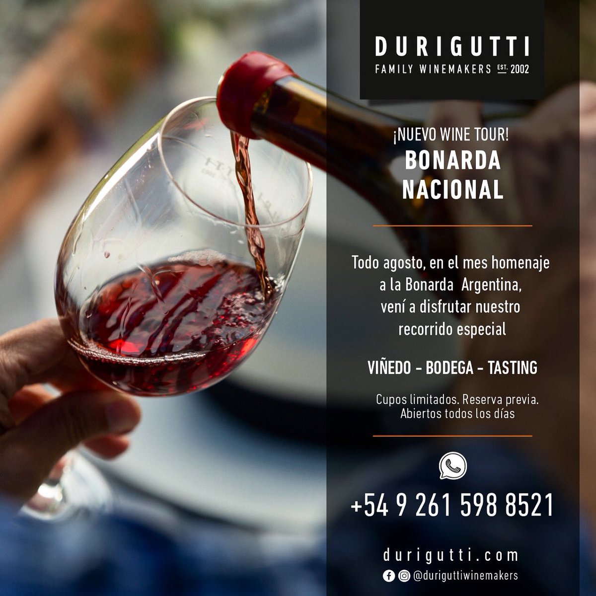 Nuevo #WineTour durante todo agosto, donde estamos listos para celebrar a la Bonarda Argentina. 🍷🇦🇷

▶️Reservá directo desde nuestro sitio web o por Whatsapp al +54 9 2615 98-8521.

#Durigutti #FamilyWinemakers #Bonarda #BonardaArgentina #FincaVictoria #LasCompuertas #Mendoza