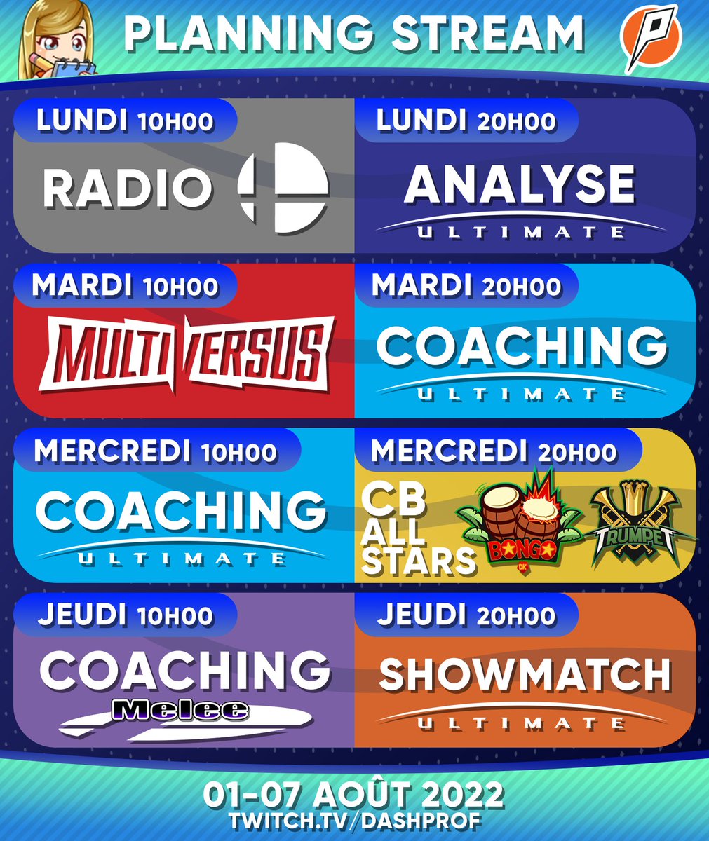 Et si on tentait le "full time" ? 😇

Après plus de 3 ans de stream, j'ai la possibilité de tenter cette aventure pendant tout le mois d'août ! 🤩

Plus de stream, d'event, de smash, de coaching et de diversité ! 🥳

Merci pour votre force ! 🙌

Planning de la première semaine⬇️