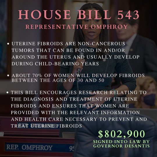 26 million+ women in the US have #uterinefibroids. #Health July 1, 2022, Uterine Fibroid Research and Education became the law in FL. As #FibroidAwarenessMonth ends, the work continues Nationally. Grateful to have carried HB543 and for my colleagues’ unanimous support.