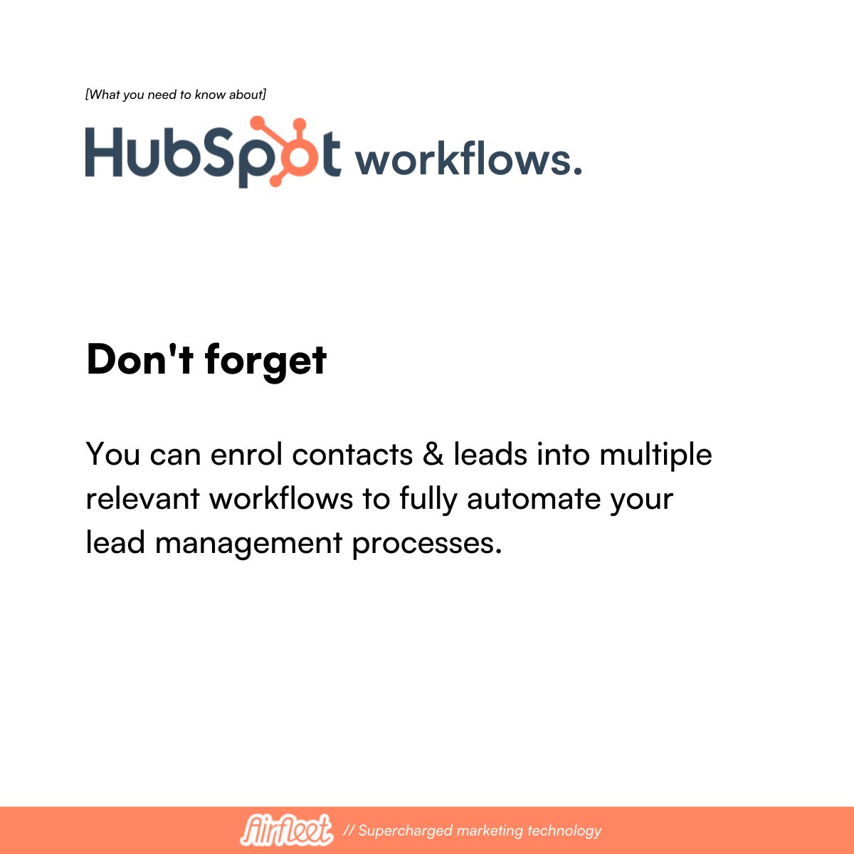 WeAreAirfleet's tweet image. The last tip from us at the end of our Hubspot Workflows week is this 👇& it's a mistake people often make. Don't be afraid of multiple workflows linking together; it's the golden nugget of marketing automation. 😀
#Hubspot #Hubspotworkflow #marketingautomation #marketing