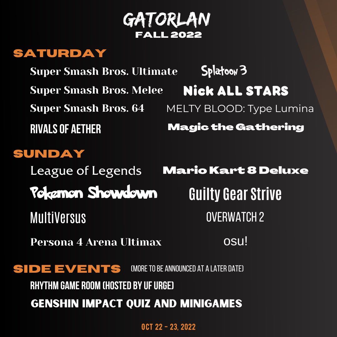 GatorGaming's tweet photo. Registration for GatorLAN is OPEN‼️🐊
Sign up for your favorite games now at https://t.co/W8KcvKnAJg !🎮 https://t.co/MSvvt3N67x