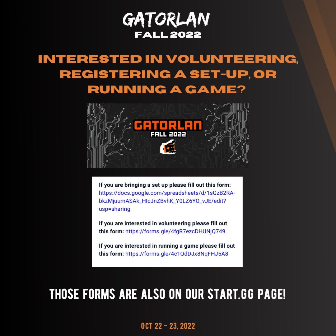 GatorGaming's tweet photo. Registration for GatorLAN is OPEN‼️🐊
Sign up for your favorite games now at https://t.co/W8KcvKnAJg !🎮 https://t.co/MSvvt3N67x