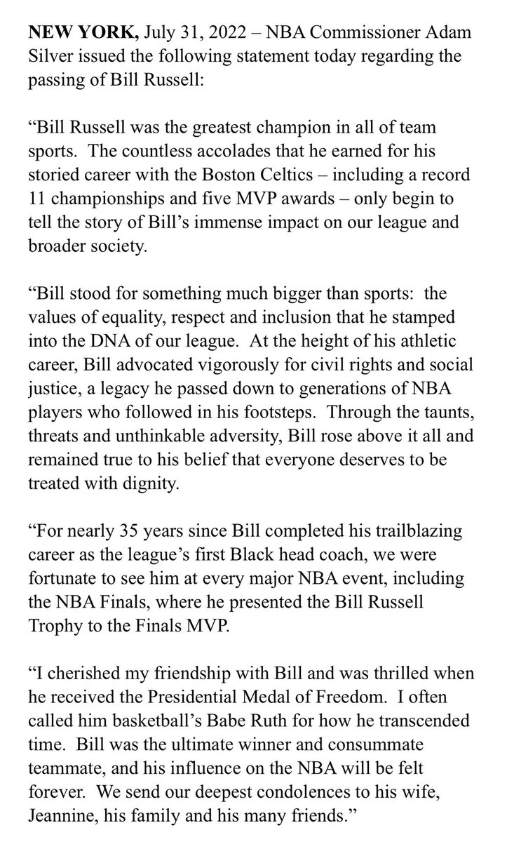 NBA commissioner Adam Silver's statement on the passing of Bill Russell.