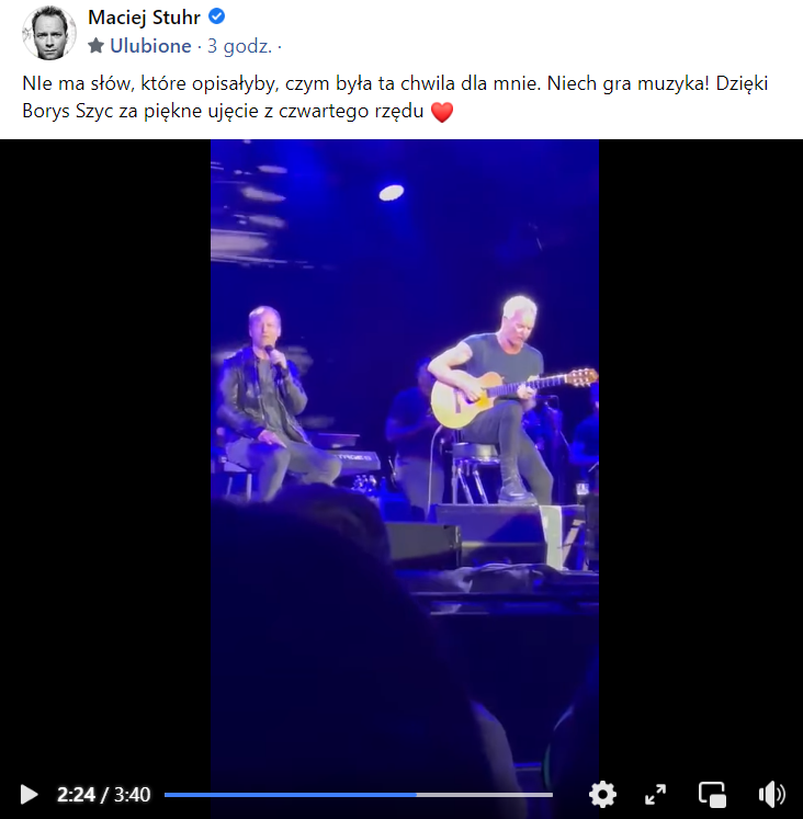 AleksZawisza's tweet photo. Aktor, psycholog, reżyser i scenarzysta filmowy/ teatralny, felietonista, konferansjer, wykładowca akademicki, tłumacz #Sting.a - Maciej #Stuhr:
NIe ma słów, które opisałyby, czym była ta chwila dla mnie. Niech gra muzyka! Dzięki Borys #Szyc za piękne ujęcie z czwartego rzędu ❤️ https://t.co/kumXuWsMx5