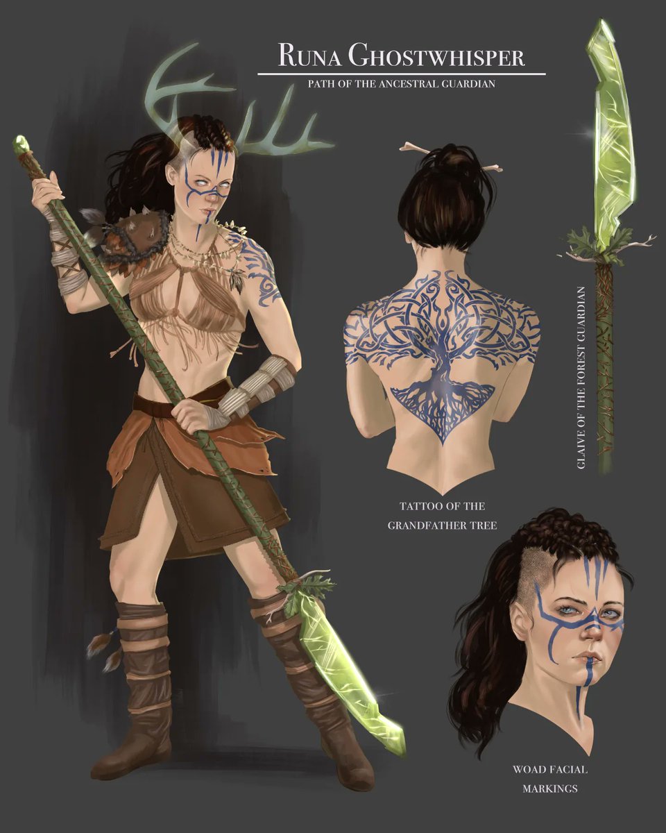 ISpellbook's tweet photo. Here's the finished product and process sketch for Runa!

 Runa Ghostwhisper is a Barbarian sworn to protect the Grandfather Tree. She channels its tree ghosts in combat to devastate her enemies. https://t.co/qzydVw7um7