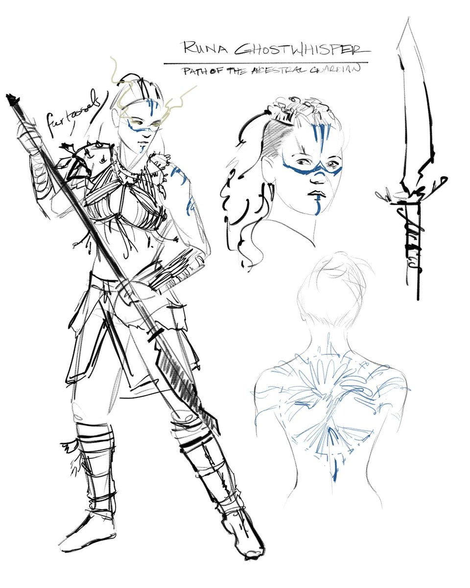 ISpellbook's tweet photo. Here's the finished product and process sketch for Runa!

 Runa Ghostwhisper is a Barbarian sworn to protect the Grandfather Tree. She channels its tree ghosts in combat to devastate her enemies. https://t.co/qzydVw7um7