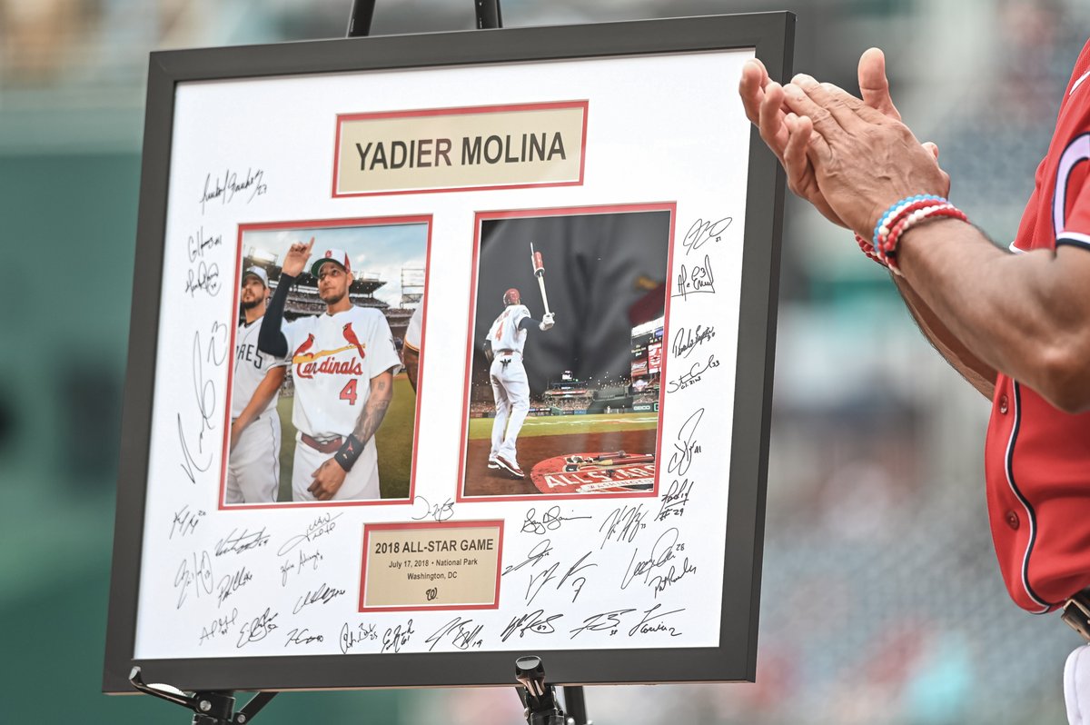 Nationals's tweet photo. A proper send-off for 2 of the greatest players to ever play our beautiful game.

Congrats to Albert Pujols and Yadier Molina (with Adam Wainwright accepting gifts on his behalf) on Hall of Fame careers! https://t.co/qpcNkG0dYU