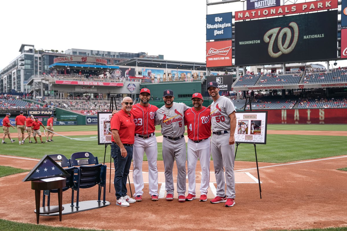 Nationals's tweet photo. A proper send-off for 2 of the greatest players to ever play our beautiful game.

Congrats to Albert Pujols and Yadier Molina (with Adam Wainwright accepting gifts on his behalf) on Hall of Fame careers! https://t.co/qpcNkG0dYU