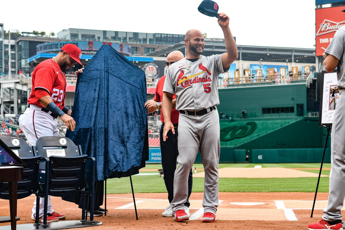 Nationals's tweet photo. A proper send-off for 2 of the greatest players to ever play our beautiful game.

Congrats to Albert Pujols and Yadier Molina (with Adam Wainwright accepting gifts on his behalf) on Hall of Fame careers! https://t.co/qpcNkG0dYU