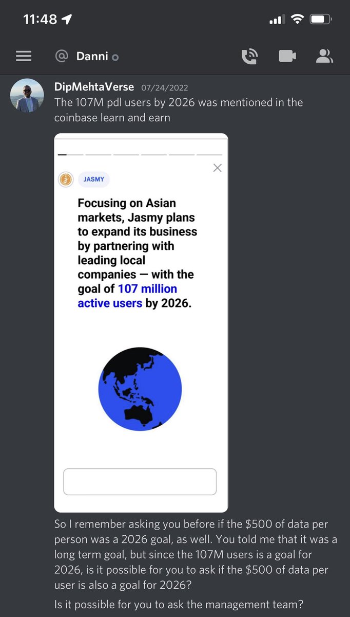 DipMehtaVerse's tweet photo. #jasmy investors: I had a chance to talk to the Jasmy community manager on discord who did confirm with the management team that jasmy’s KPIs are in fact targets for 2026 making the expected price about $17.87

NFA but if they execute, hodlers should be greatly rewarded. https://t.co/1fvfbAYQ9K