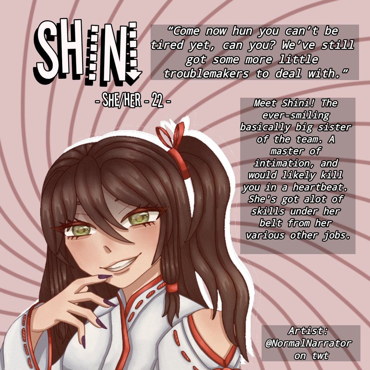 Meet Shini, the mysterious and charming “wine aunt” of VPI. Always smiling even at inappropriate times, you mustn’t forget though that she will quickly take care of those who pose a threat. Get on her bad side and she will make you experience hell with a polite smile on her face.
