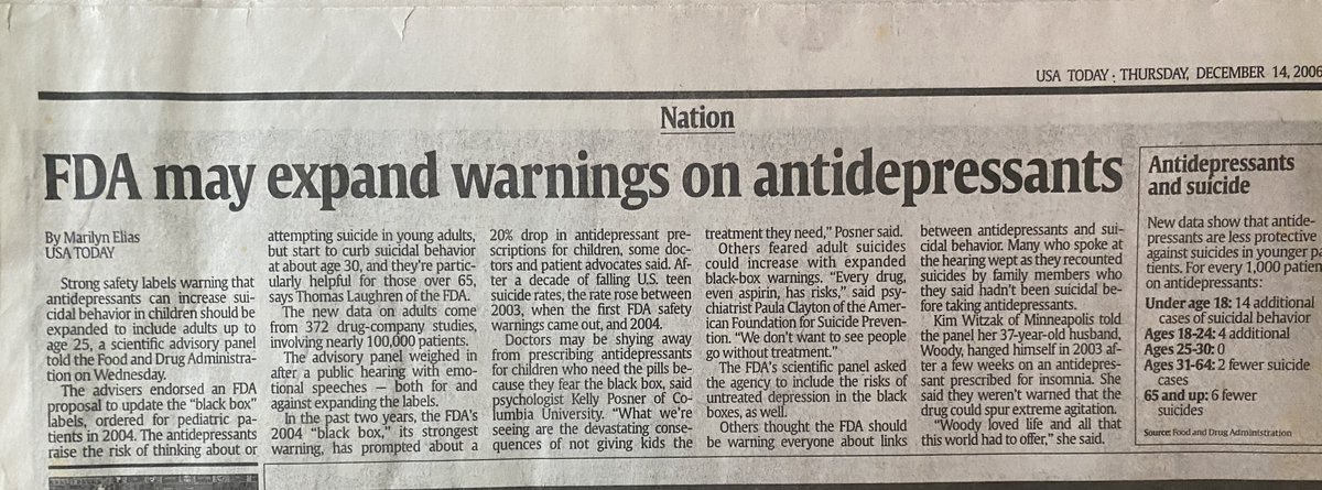 GoForDawn's tweet photo. @ejdickson Get your FACTS in order:
Here's USA Today reportng the Dec 13 2006 FDA Psychopharmacologic Drug Advisory Committee Hearing.
A Rx "side effect" Survivor myself, I testified that day in DC. FDA expanded Black Box WARNINGS incl SUICIDE effects for ppl under 25 #Rx #SideEffectsMatter https://t.co/FH07q22o2B